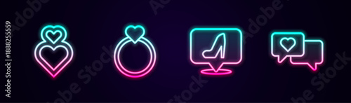 Set line Heart, Diamond engagement ring, Woman shoe and speech bubble. Glowing neon icon. Vector