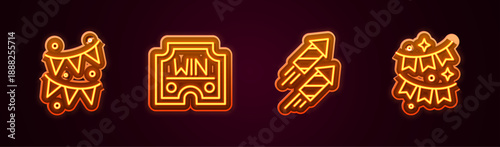 Set line Carnival garland with flags, Casino win, Firework rocket and . Glowing neon icon. Vector