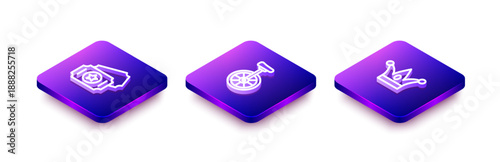 Set Isometric line Circus ticket, Unicycle and Jester hat with bells icon. Vector