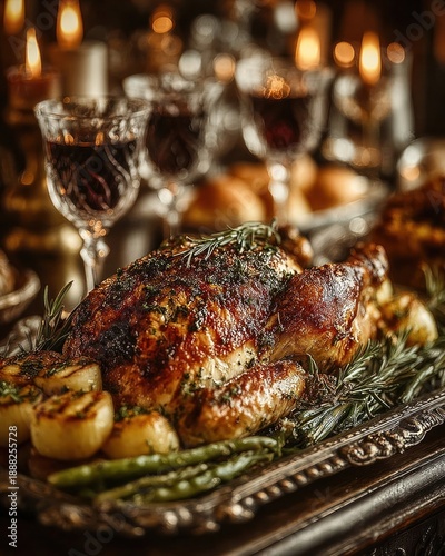 Close-up of roasted turkey dinner setup with vegetables and wine glasses for Thanksgiving