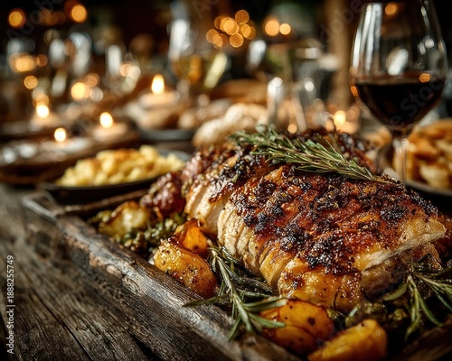Close-up of Thanksgiving dinner table set with wine glasses, roasted turkey, vegetables on wooden tabletop