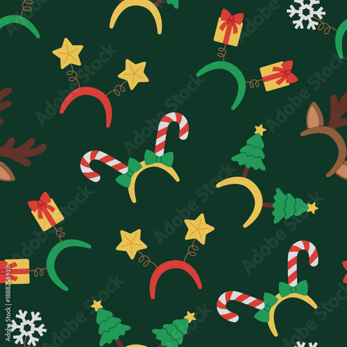 Seamless pattern with Christmas headbands on dark green background. Festive headwears with reindeer antlers, trees, candy canes and other. Vector flat illustration for wallpaper, textile, packaging