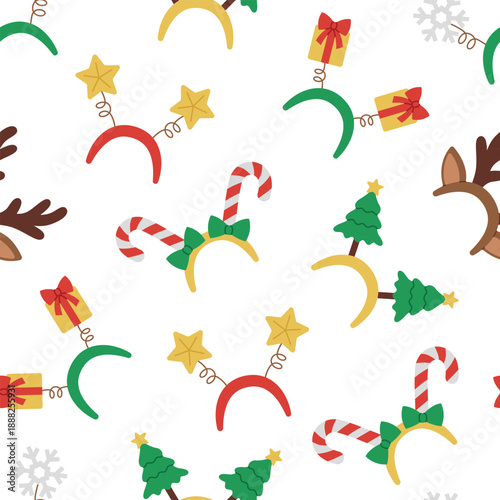 Seamless pattern with Christmas headbands on white background. Festive headwears with reindeer antlers, trees, candy canes and other. Vector flat illustration for wallpaper, textile, packaging