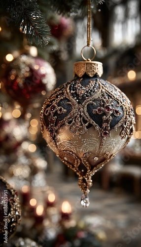 Close-up view of sparkling Christmas ornaments on a decorated Christmas tree
