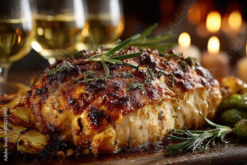 Close-up view of traditional roasted turkey with vegetables and wine glasses on a wooden table for Thanksgiving dinner