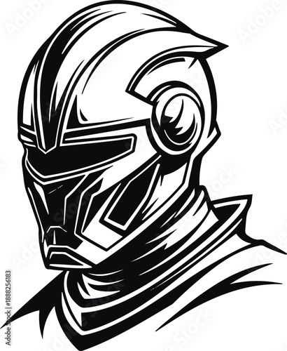  Cyber knight helmet with futuristic armor design, bold black thick outline, minimal NFT inspired flat illustration 2