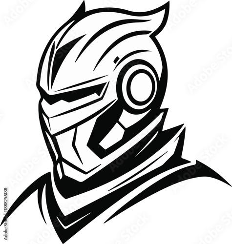  Cyber knight helmet with futuristic armor design, bold black thick outline, minimal NFT inspired flat illustration 1.