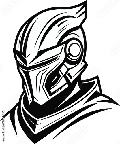Cyber knight helmet with futuristic armor design, bold black thick outline, minimal NFT inspired flat illustration 3