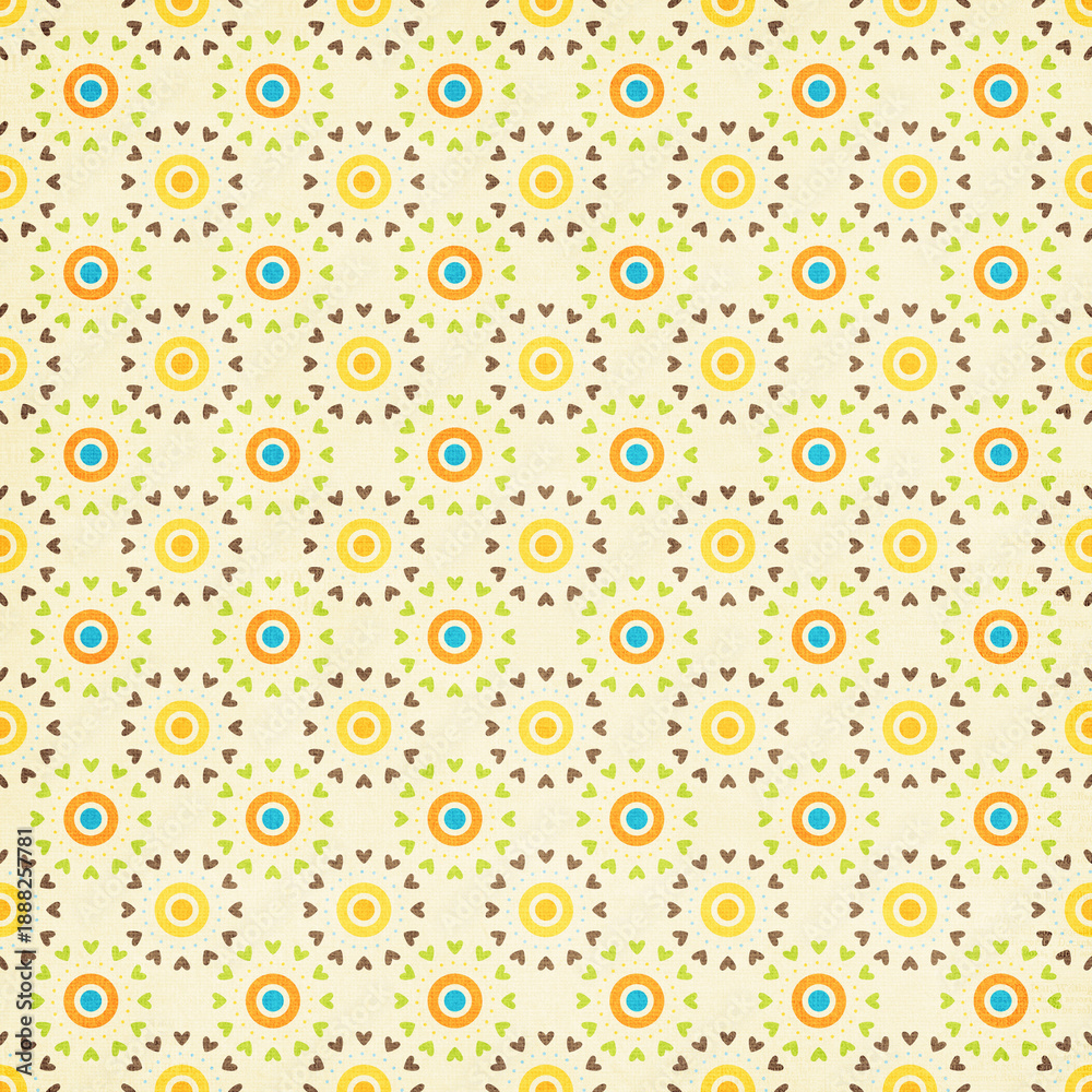 Fototapeta premium Bright floral pattern with small flowers on grid background. Cheerful retro seamless design ideal for fabrics, wallpapers, kids decor, and creative projects.