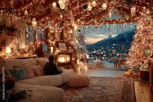 Cozy Christmas Day scene with decorations, lights, and family celebration