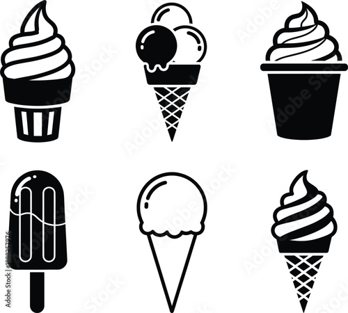 Collection of black ice cream icons featuring soft serve cones popsicles and scoops for summer dessert menus and parlor branding.