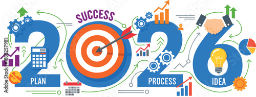 2026 business success concept with plan process idea text flat vector illustration showing growth strategy bullseye target goal setting achievement and partnership