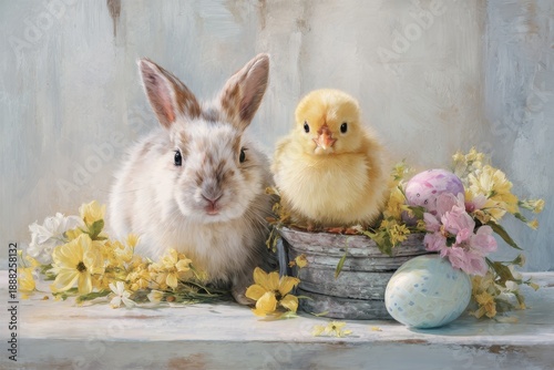 Cute Bunny and Chick Arranging Easter Eggs and Flowers in a Basket