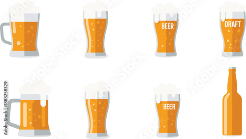 Beer Glass and Bottle Collection with Draft and Lager Styles Flat Vector Illustration