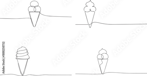 A set of Ice cream cone one continuous line art, Vector illustration, One line art, Line art graphic style