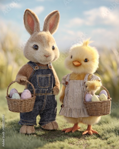 Bunny and Chick Collecting Pastel Easter Eggs in Spring Field