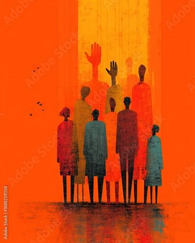 December 10 International Human Rights Day concept with standing figures and rising hands silhouette