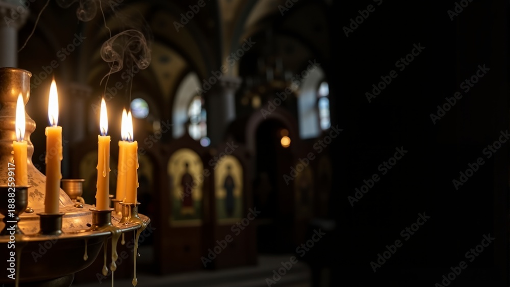 Fototapeta premium An Orthodox church, candles burning, intimate lighting. Ancient icons.