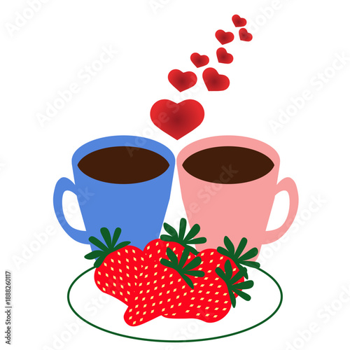 Pink and Blue Coffee Cups with Plate of Strawberries and Red Hearts