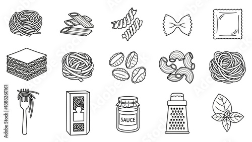 A comprehensive monochrome vector icon collection featuring various Italian pasta shapes, culinary ingredients, and cooking accessories, perfect for food-related designs