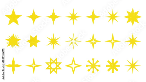 Captivating assortment of brilliant yellow star and sparkling light burst vector graphic elements, offering diverse decorative symbols for modern design projects