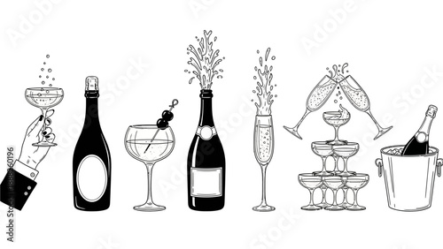 Hand-drawn collection of elegant champagne and sparkling wine illustrations for festive celebrations, New Year's Eve, and anniversaries, showcasing bottles, flutes, and toasts