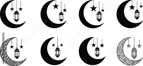 Crescent moon and lantern icon set, Islamic night sky motifs with stars and patterns - flat vector illustration