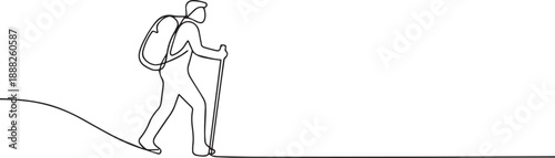 Hiker man backpacks hiking one continuous line art, Vector illustration, One line art, Line art graphic style