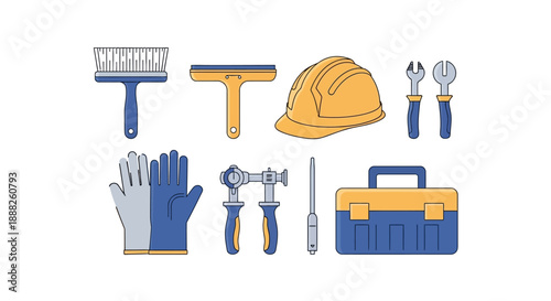Collection of construction tools and safety equipment for building and renovation projects.