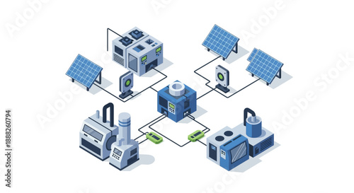 Isometric illustration of renewable energy production and industrial processes.