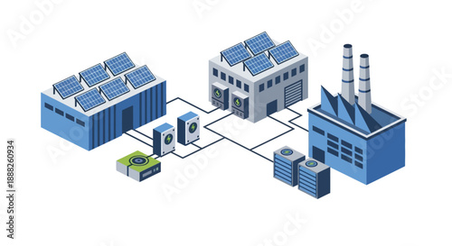 Industrial complex with solar panels and energy storage.