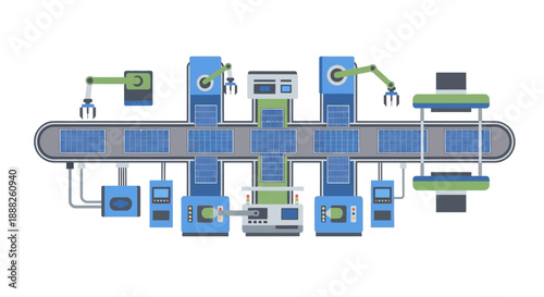 Industrial production line with machines and conveyor belt system.