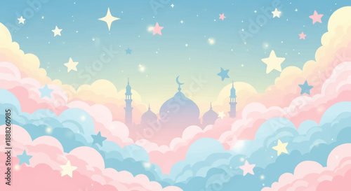 A dreamy pastel landscape featuring a mosque silhouette amidst fluffy clouds and sparkling stars, evoking a sense of peace and wonder.