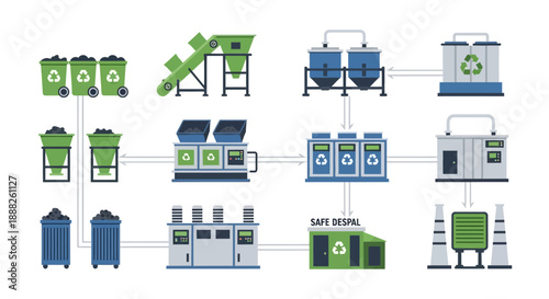 Recycling Process Flowchart with Industrial Machinery and Green Waste Management.