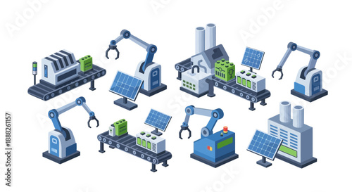 Industrial robotic arms and machinery equipment in a factory setting.