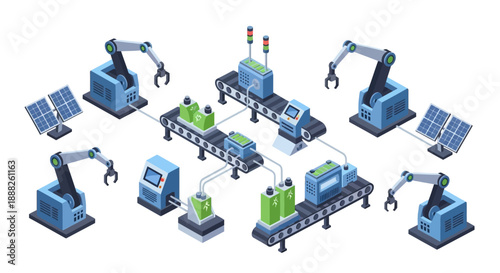 Industrial robotic arms working together in automated manufacturing process.