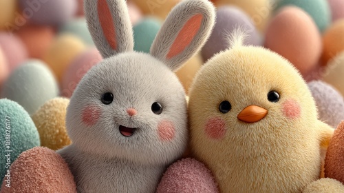 Playful Bunny and Chick with Glossy Pastel Easter Eggs
