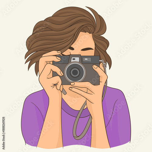 Creative woman holding vintage camera capturing moments with focus and passion artistic hobbyist enjoying photography isolated on a soft neutral background mid shot perspective