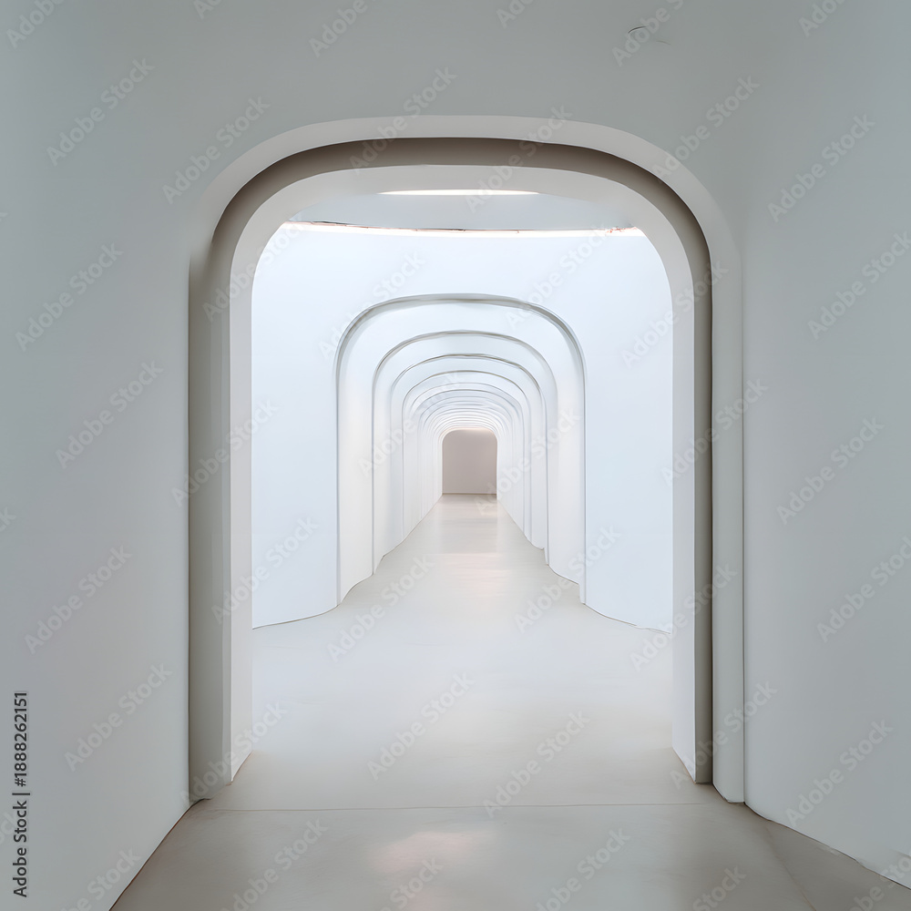 Fototapeta premium A long white corridor is in front of us.