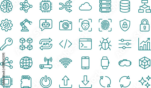 A vast collection of modern technology vector icons, encompassing artificial intelligence, data processing, secure networks, and digital transformation