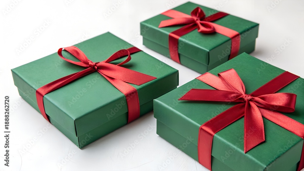 Obraz premium Festive Green Gift Boxes Red Ribbons for Holiday Celebrations