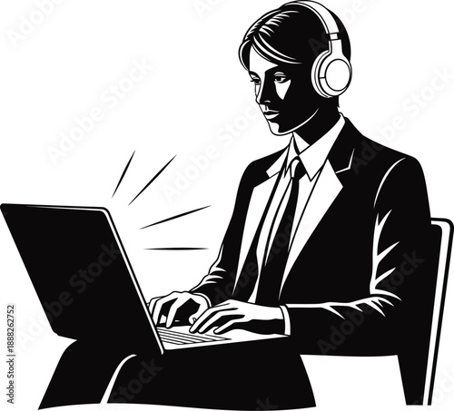 Businessman working on laptop with headset on engaged in professional tasks