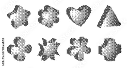 Bitmap halftone abstract blob shape. Pixelated dot texture isolated on transparent background. Vector set Y2k elements star, flower, triangle, clover