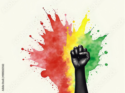 Raised black fist with colorful paint splatters, unity concept with copy space
