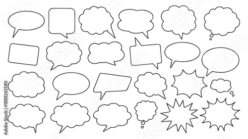 Large set of outlined empty speech bubbles thought balloons and comic chat boxes in assorted shapes isolated on white background