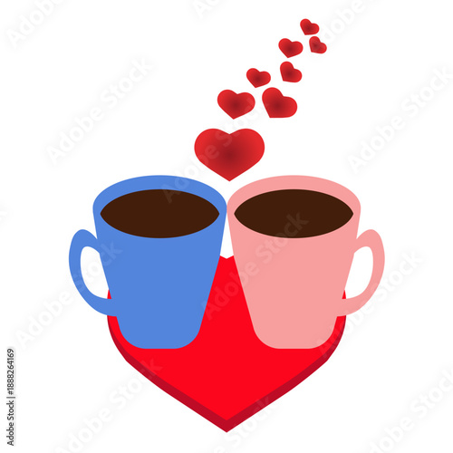 Pink and Blue Coffee Cups on Heart Shaped Coaster with Red Hearts