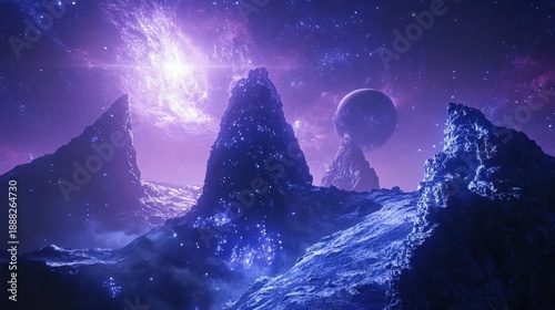 Mystical cosmic landscape with purple mountains and glowing celestial bodies in a vibrant universe. Explore the beauty of outer space.