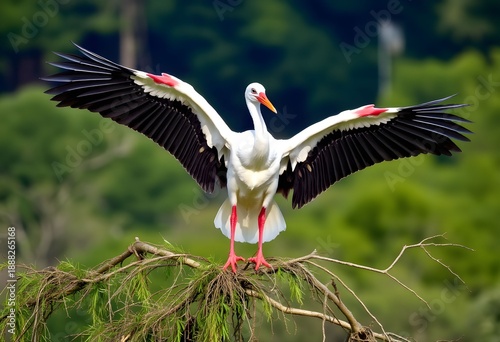 A close up of a White Stork in a tree