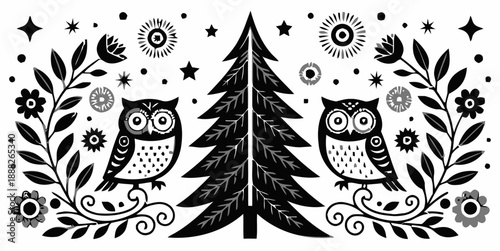 Whimsical owls perched beside a pine tree in a magical forest