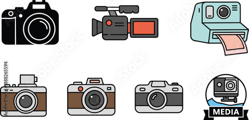 Camera and Media Equipment Icon Set with Video Camera and Instant Printer